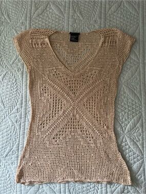 theory 100% Cotton Semi-Sheer Crochet Knit V-Neck Cap Sleeve Top in Beige Sz L